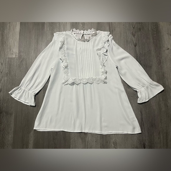blu pepper White 3/4 Sleeve Blouse w Lacy Trim - Size Juniors Large - Picture 1 of 12